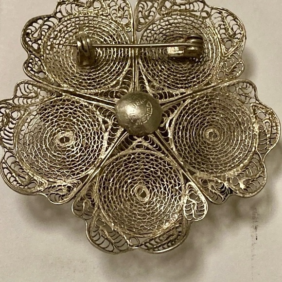 MEXICO  Sterling Silver - Vintage Filigree Flower Motif Brooch Pin - Picture 2 of 5